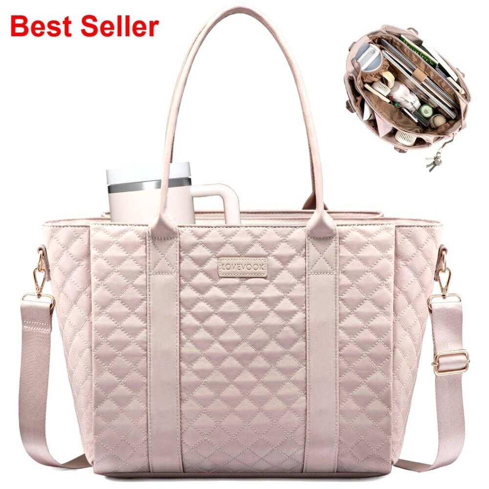 Large Quilted Laptop Tote Bag with Zipper, Multi-Compartment Work Shoulder Bag